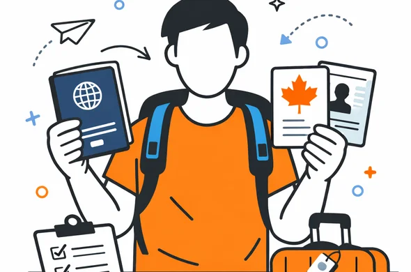 Flat semi-flat vector illustration of a traveler comparing a current passport with old Canadian residence documents, clean modern tech feel, faceless abstract characters, calm organized atmosphere, minimal background, Aid-Air palette, flat/semi-flat vector, no text
