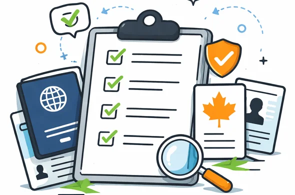 Flat semi-flat vector illustration of an organized checklist with passport, old travel documents and verification icons, clean modern tech feel, faceless abstract characters, calm organized atmosphere, minimal background, Aid-Air palette, flat/semi-flat vector, no text