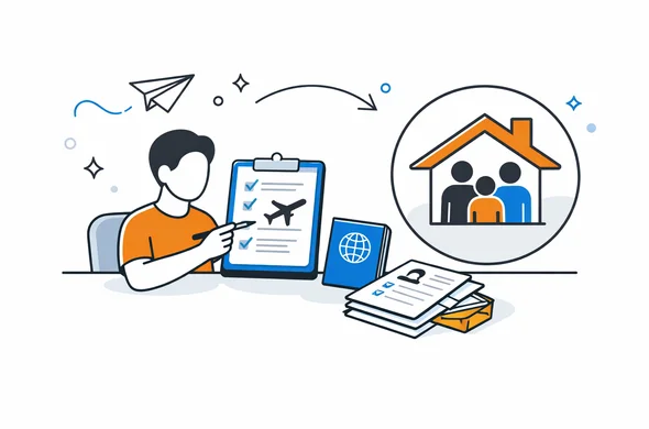 Flat semi-flat vector illustration of a traveler planning a family visit to Canada with passport, itinerary, host family home icon and organized documents, faceless abstract characters, calm organized atmosphere, minimal background, Aid-Air palette, clean modern tech feel