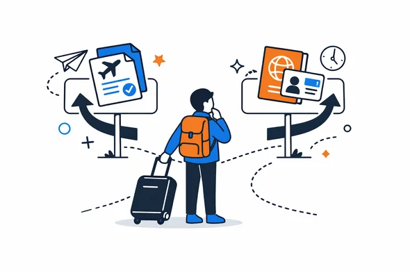 Flat semi-flat vector illustration of a traveler comparing Canada eTA and visitor visa paths, clean modern tech feel, faceless abstract characters, calm organized atmosphere, minimal background, Aid-Air palette.