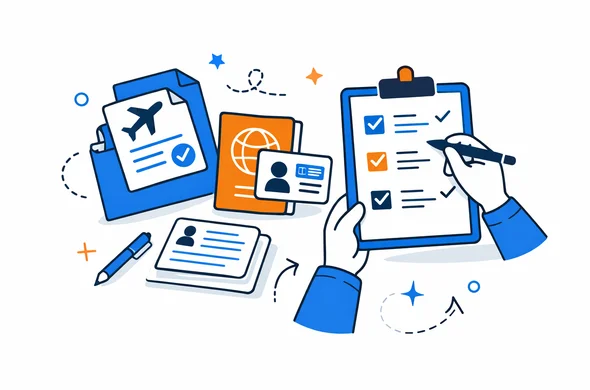 Flat semi-flat vector illustration of organized travel documents and a checklist for choosing between Canada eTA and visitor visa, clean modern tech feel, faceless abstract characters, calm organized atmosphere, minimal background, Aid-Air palette.