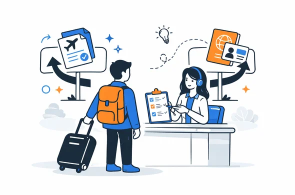 Flat semi-flat vector illustration of a traveler calmly choosing the correct Canada entry path with guidance and checklist, clean modern tech feel, faceless abstract characters, calm organized atmosphere, minimal background, Aid-Air palette.