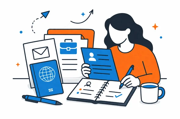 Flat semi-flat vector illustration of organized travel documents, employer meeting notes and passport checklist, faceless abstract characters, calm organized atmosphere, minimal background, Aid-Air palette, clean modern tech feel
