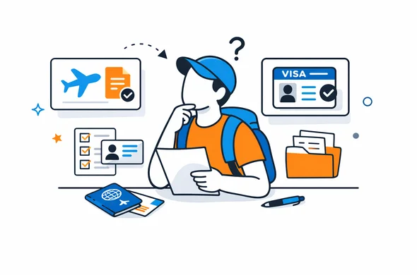 Flat semi-flat vector illustration of a traveler reviewing Canada entry options and documents, faceless abstract character, calm organized atmosphere, minimal background, Aid-Air palette, clean modern tech feel