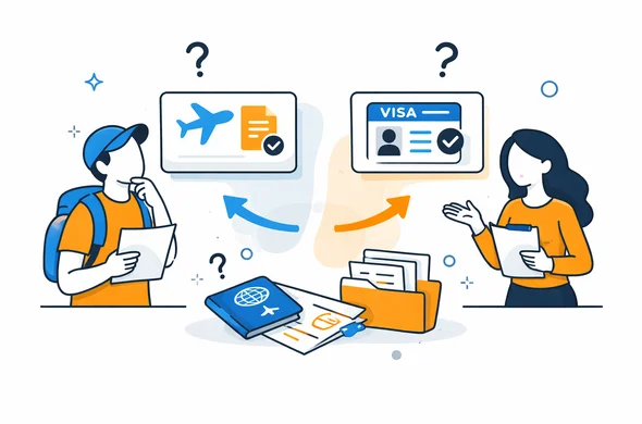 Flat semi-flat vector illustration of comparing two Canada entry paths with documents and question marks, faceless abstract characters, calm organized atmosphere, minimal background, Aid-Air palette, clean modern tech feel