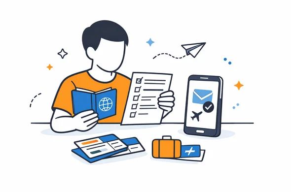 Flat semi-flat vector illustration of a traveler organizing Canada eTA travel documents, passport, phone with confirmation email, itinerary checklist, calm organized atmosphere, minimal background, Aid-Air palette, faceless abstract characters, clean modern tech feel