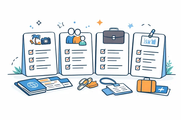 Flat semi-flat vector illustration of a clean travel preparation table for Canada entry, categories like tourism, family visit, business and conference, checklist cards, calm organized atmosphere, minimal background, Aid-Air palette, faceless abstract characters, clean modern tech feel