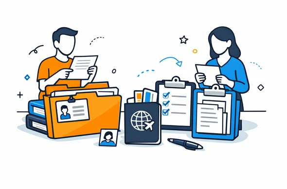 Flat semi-flat vector illustration of organized visitor visa documents for Canada, checklist folders and passport on desk, faceless abstract characters, calm organized atmosphere, minimal background, Aid-Air palette, clean modern tech feel