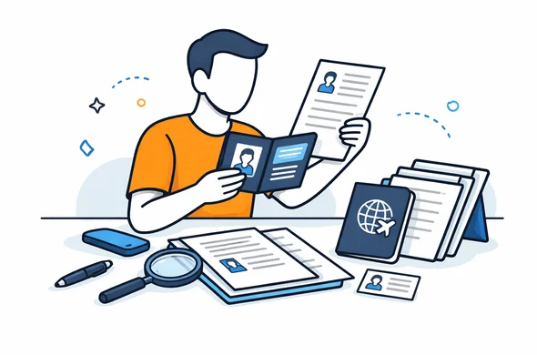 Flat semi-flat vector illustration of traveler checking passport and personal documents for consistency, faceless abstract character, calm organized atmosphere, minimal background, Aid-Air palette, clean modern tech feel