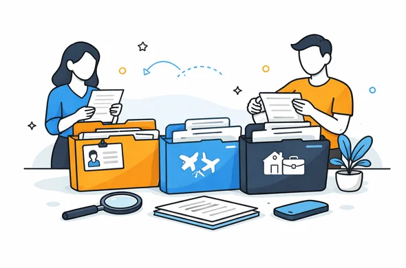 Flat semi-flat vector illustration of neatly sorted visa document folders labeled by purpose, faceless abstract characters, calm organized atmosphere, minimal background, Aid-Air palette, clean modern tech feel