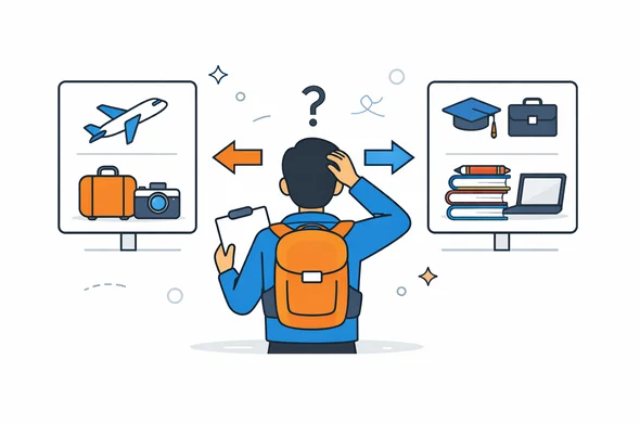 Flat semi-flat vector illustration of a traveler comparing Canada entry routes by trip purpose, faceless abstract characters, calm organized atmosphere, minimal background, Aid-Air palette, clean modern tech feel