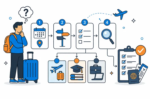 Flat semi-flat vector illustration of a step-by-step decision flow before preparing Canada travel documents, faceless abstract characters, calm organized atmosphere, minimal background, Aid-Air palette, clean modern tech feel