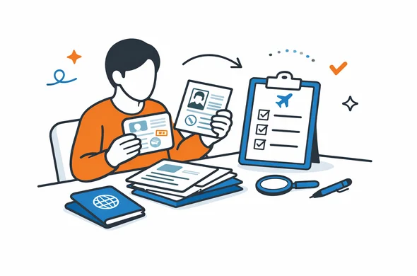Flat semi-flat vector illustration of a traveler organizing old visa papers, passport details, and a future Canada eTA checklist, faceless abstract character, calm organized atmosphere, minimal background, Aid-Air palette, clean modern tech feel