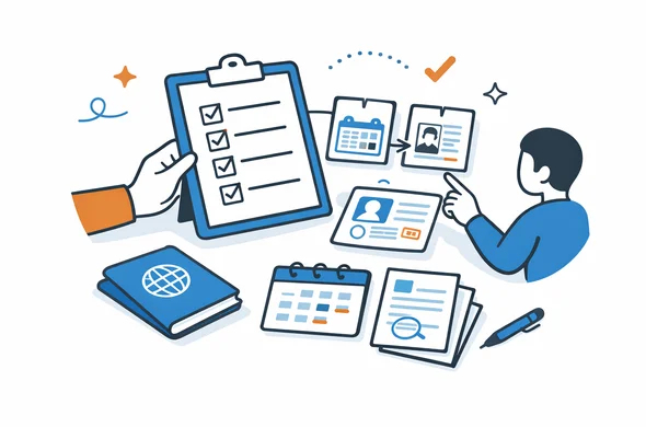 Flat semi-flat vector illustration of a structured pre-submission checklist with passport, dates, personal details, and document notes for a Canada eTA application, faceless abstract characters, calm organized atmosphere, minimal background, Aid-Air palette
