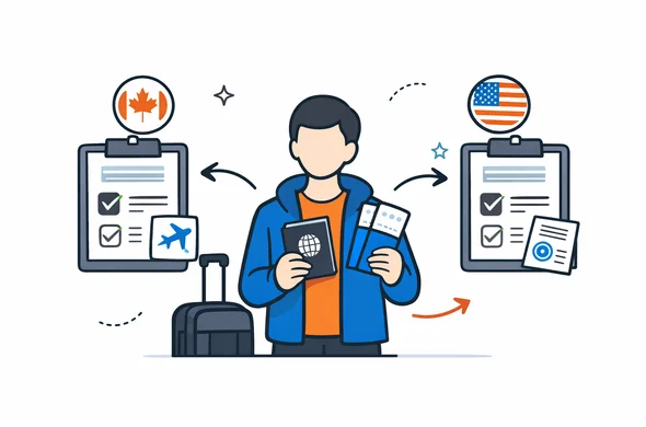 Flat semi-flat vector illustration of a traveler comparing Canada and USA entry approvals, passport and boarding pass, faceless abstract characters, calm organized atmosphere, minimal background, Aid-Air palette, clean modern tech feel