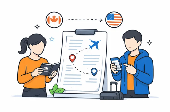 Flat semi-flat vector illustration of checking passport, flight itinerary and entry route between Canada and USA, faceless abstract characters, calm organized atmosphere, minimal background, Aid-Air palette, clean modern tech feel