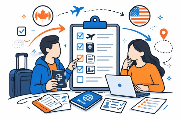 Flat semi-flat vector illustration of a pre-flight checklist for combined trip to Canada and USA, passport, checklist, arrows and travel documents, faceless abstract characters, calm organized atmosphere, minimal background, Aid-Air palette, clean modern tech feel