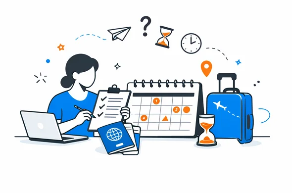 Flat semi-flat vector illustration of a traveler organizing Canada trip planning while waiting for entry approval, checklist, passport, calendar, calm organized atmosphere, minimal background, Aid-Air palette, clean modern tech feel, faceless abstract characters.
