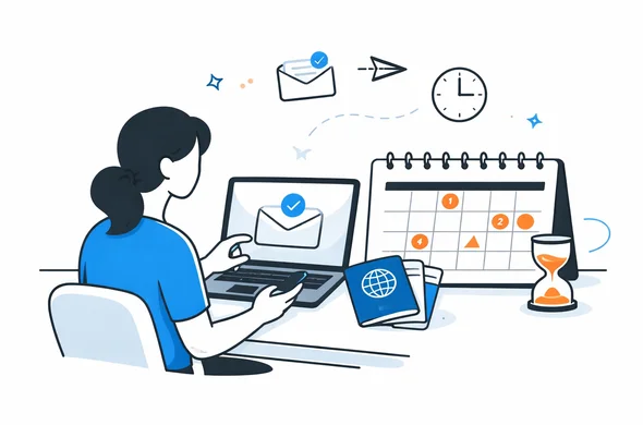 Flat semi-flat vector illustration of checking travel approval status before booking a Canada trip, laptop, email icon, calendar, passport, calm organized atmosphere, minimal background, Aid-Air palette, clean modern tech feel, faceless abstract characters.