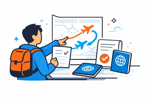 Flat semi-flat vector illustration of a traveler reviewing a Canada itinerary with exit and re-entry arrows, passport and approval document, faceless abstract characters, calm organized atmosphere, minimal background, Aid-Air palette, clean modern tech feel