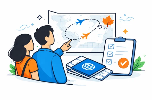 Flat semi-flat vector illustration of a multi-leg travel plan to Canada with connected flights, passport, route map and checklist, faceless abstract characters, calm organized atmosphere, minimal background, Aid-Air palette, clean modern tech feel
