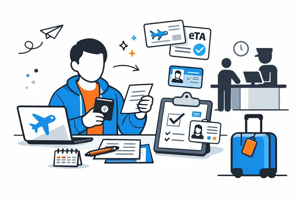 Flat semi-flat vector illustration of traveler preparing documents before Canada border control with ETA, faceless abstract characters, calm organized atmosphere, minimal background, Aid-Air palette, clean modern tech feel