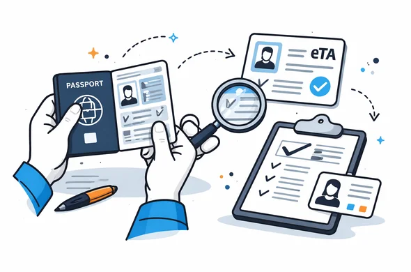 Flat semi-flat vector illustration of passport, travel plan and ETA approval being checked for consistency, faceless abstract characters, calm organized atmosphere, minimal background, Aid-Air palette, clean modern tech feel