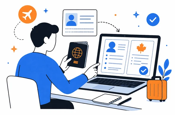 Flat semi-flat vector illustration of a traveler comparing passport details with a submitted Canada eTA form, clean modern tech feel, faceless abstract characters, calm organized atmosphere, minimal background, Aid-Air palette