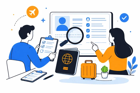 Flat semi-flat vector illustration of organized review process for travel approval details and passport information, clean modern tech feel, faceless abstract characters, calm organized atmosphere, minimal background, Aid-Air palette