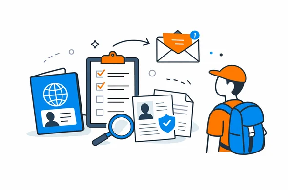 Flat semi-flat vector illustration of organized Canada eTA application details with passport, checklist, email and abstract faceless traveler, calm organized atmosphere, minimal background, Aid-Air palette, clean modern tech feel
