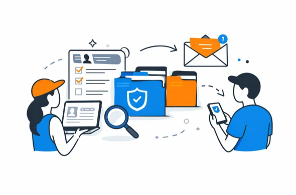 Flat semi-flat vector illustration of a calm digital workflow for tracking travel authorization status, organized folders, email and abstract faceless characters, minimal background, Aid-Air palette, clean modern tech feel