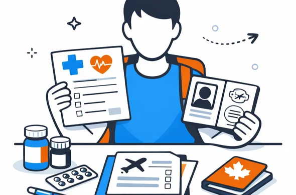 Flat semi-flat vector illustration of a traveler reviewing medical documents, passport, and Canada entry notes, faceless abstract characters, calm organized atmosphere, minimal background, Aid-Air palette, clean modern tech feel.