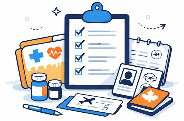 Flat semi-flat vector illustration of a checklist with medical folder, passport, and organized travel notes for Canada entry, faceless abstract characters, calm organized atmosphere, minimal background, Aid-Air palette, clean modern tech feel.