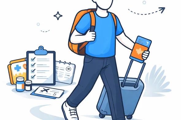 Flat semi-flat vector illustration of a traveler moving forward confidently after reviewing Canada entry details, faceless abstract characters, calm organized atmosphere, minimal background, Aid-Air palette, clean modern tech feel.