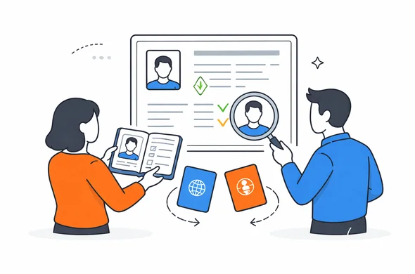 Flat semi-flat vector illustration, clean modern tech feel, faceless abstract characters comparing passport details and identity information with a digital travel authorization form, calm organized atmosphere, minimal background, Aid-Air palette.