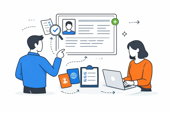 Flat semi-flat vector illustration, clean modern tech feel, faceless abstract characters preparing a new digital travel authorization application after organizing documents and checking previous status, calm organized atmosphere, minimal background, Aid-Air palette.