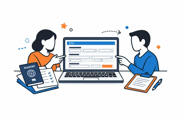 Flat semi-flat vector illustration of an online Canada eTA form on a laptop with passport and organized documents beside it, faceless abstract characters, calm organized atmosphere, minimal background, Aid-Air palette, clean modern tech feel
