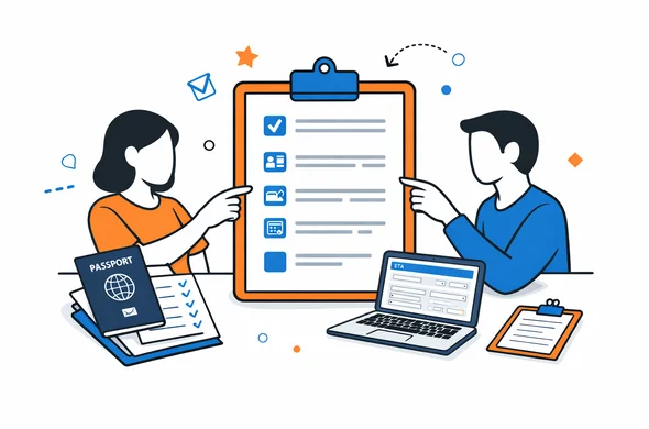 Flat semi-flat vector illustration of a structured pre-submission checklist for an online travel authorization form, faceless abstract characters, calm organized atmosphere, minimal background, Aid-Air palette, clean modern tech feel