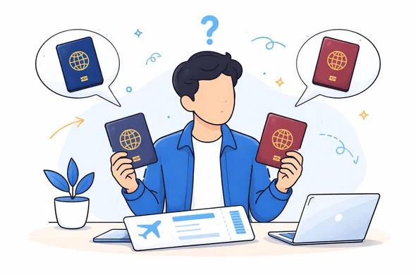 Flat semi-flat vector illustration of a traveler comparing two passports and a flight ticket, clean modern tech feel, faceless abstract characters, calm organized atmosphere, minimal background, Aid-Air palette