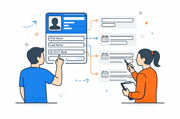 Flat semi-flat vector illustration of passport details being matched to form fields like name and dates, faceless abstract characters, calm organized atmosphere, minimal background, Aid-Air palette, clean modern tech feel