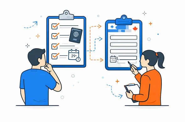Flat semi-flat vector illustration of a checklist before filling a Canada travel authorization form, faceless abstract characters, calm organized atmosphere, minimal background, Aid-Air palette, clean modern tech feel