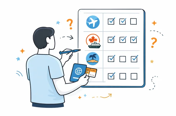 Flat vector illustration, faceless abstract character comparing cruise route, flights and stop details in a checklist table, clean modern tech feel, calm organized atmosphere, minimal background, Aid-Air palette