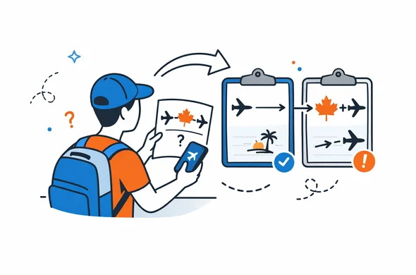 Flat/semi-flat vector illustration, clean modern tech feel, faceless abstract traveler reviewing a flight itinerary with a Canada connection, calm organized atmosphere, minimal background, Aid-Air palette