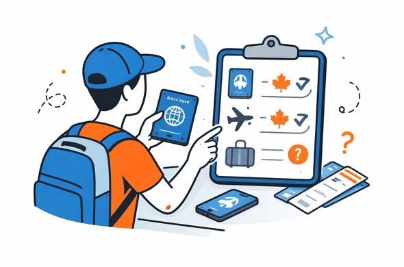 Flat/semi-flat vector illustration, clean modern tech feel, faceless abstract traveler comparing passport and connecting flights on a checklist, calm organized atmosphere, minimal background, Aid-Air palette