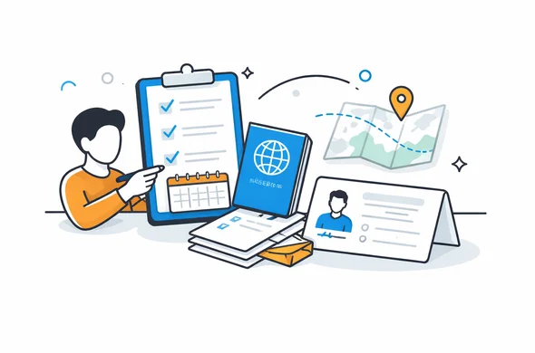 Flat semi-flat vector illustration of organized travel documents for a Canada family visit, passport, checklist, host contact card and travel route, faceless abstract characters, calm organized atmosphere, minimal background, Aid-Air palette, clean modern tech feel