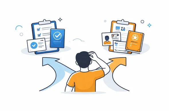 Flat semi-flat vector illustration of a traveler choosing between two organized travel paths for Canada entry, one labeled ETA concept and one visa concept through symbols only, faceless abstract characters, calm organized atmosphere, minimal background, Aid-Air palette, clean modern tech feel
